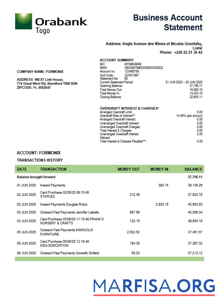 Printable Togo Orabank business firm statement Word and PDF format real example